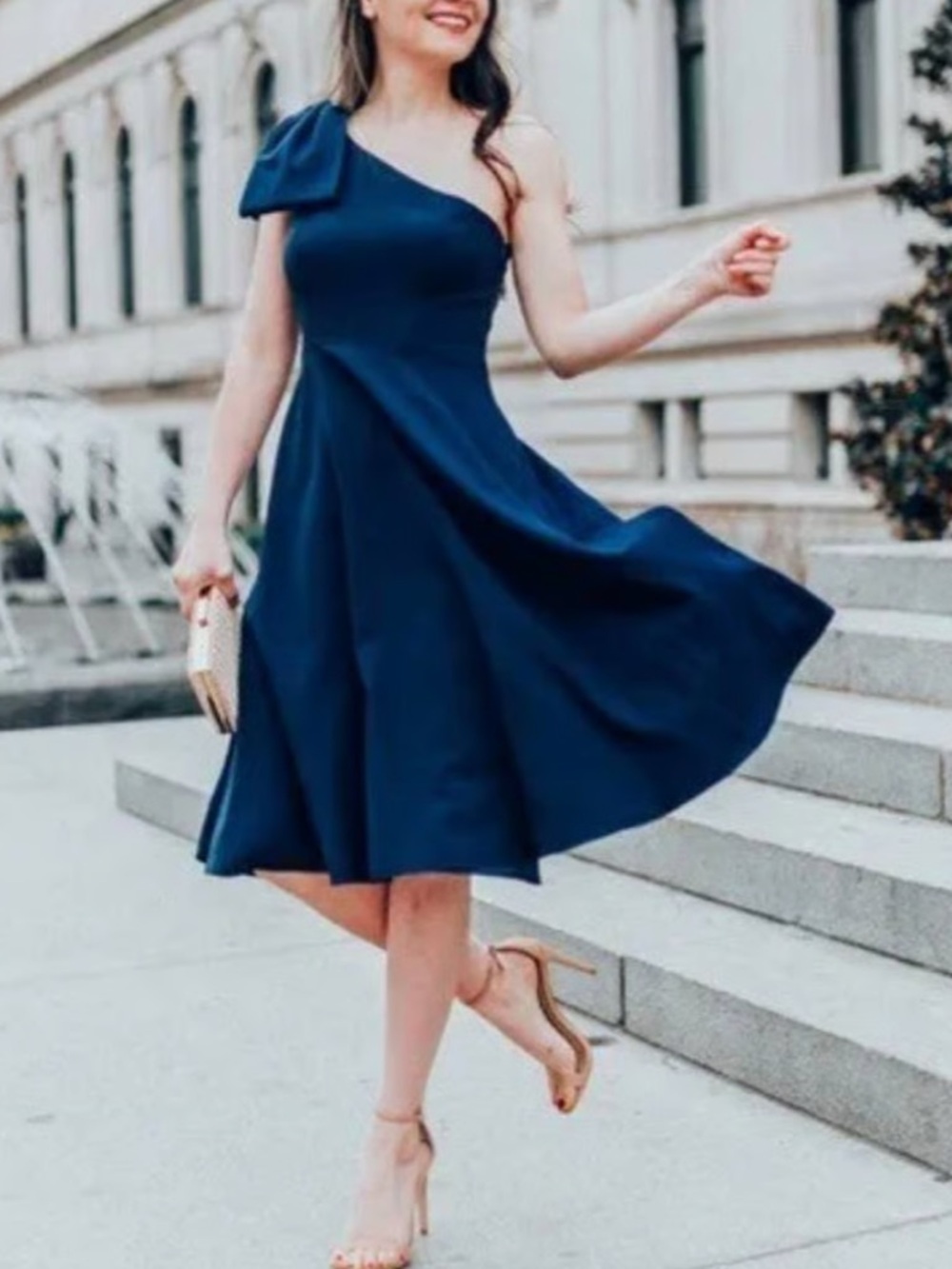 kate spade One-Shoulder Navy Dress with Shoulder Bow
